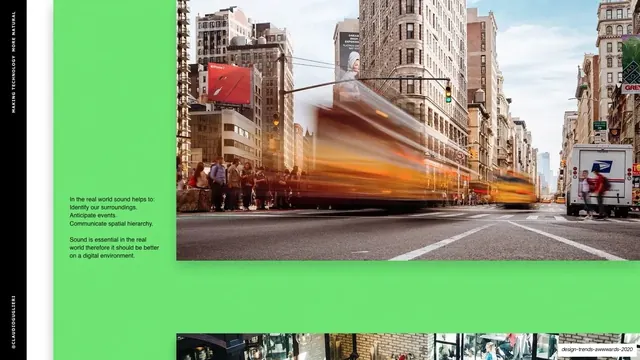 Sound in the real world (green sidebar + city photo), editorial, photographic, vibrant