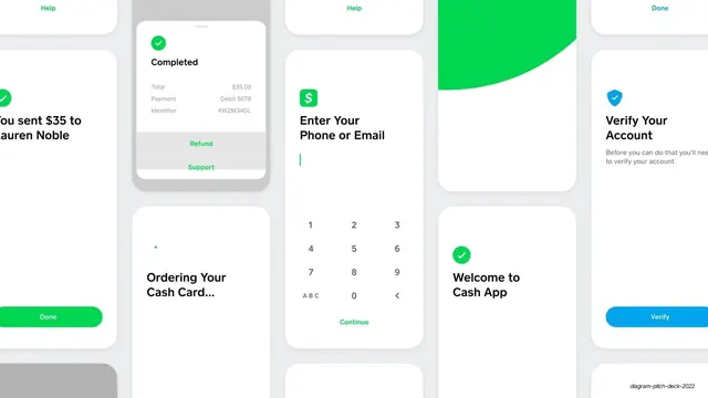 Cash App onboarding flow tiles, light-mode, photographic, light