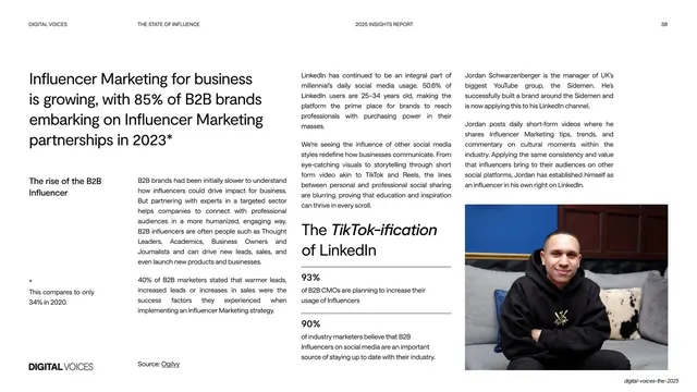 B2B influencer marketing editorial spread, light-mode, editorial, light