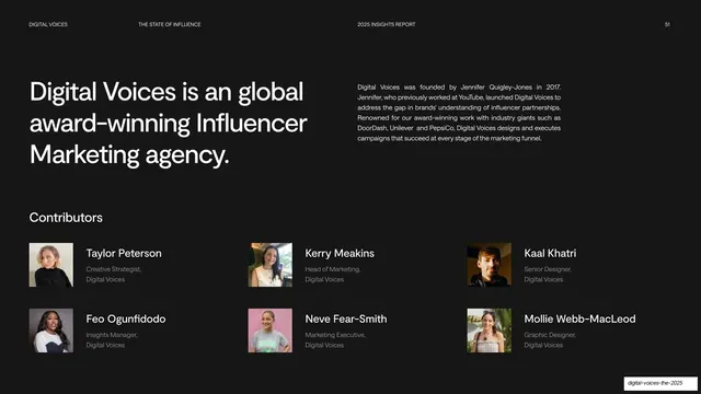 About Digital Voices with contributor grid, dark-mode, editorial, dark