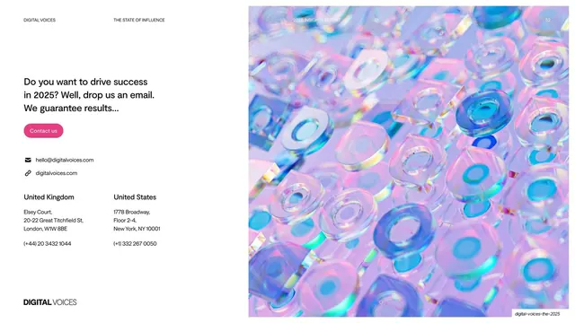 Contact closing slide with iridescent render, light-mode, editorial, light