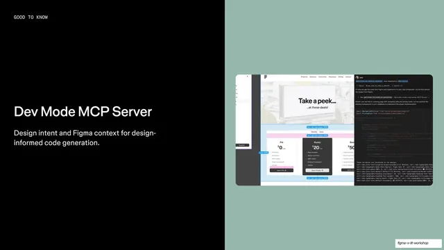 Dev Mode MCP Server, black text beside sage-green code capture