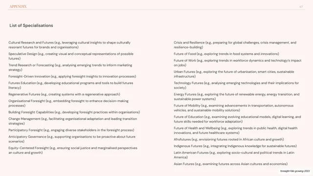 List of specialisations appendix, editorial, minimal, light