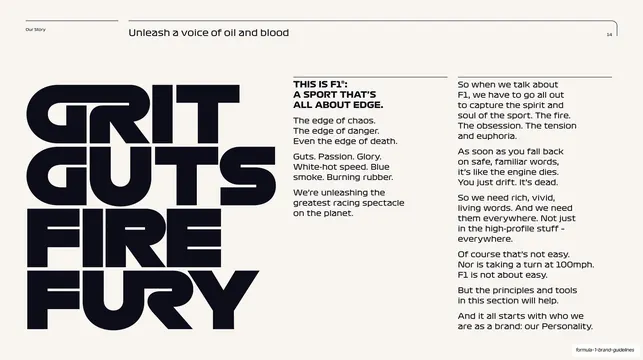 F1 tone of voice, "Grit Guts Fire Fury, editorial, light-mode, light
