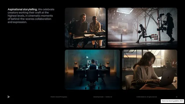 Aspirational storytelling photo grid, dark-mode, photographic, dark