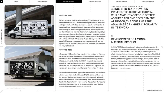 Mono-material prototypes with truck photos and pull quote