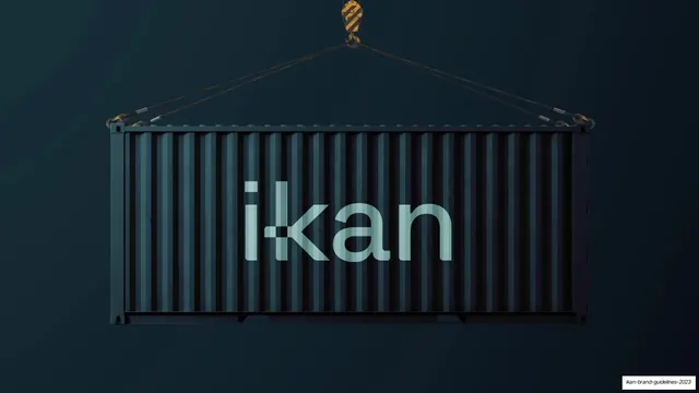 IKAN logomark on shipping container, photographic, minimal, dark