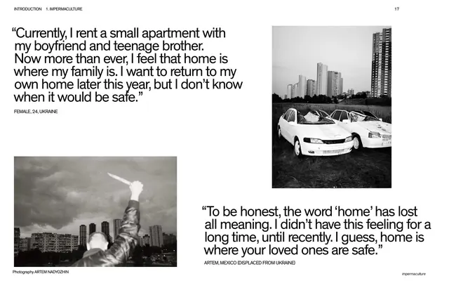 Two pull quotes with black-and-white displacement photos