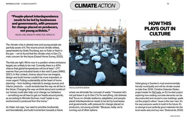 Climate action text spread with ice-melt installation photo