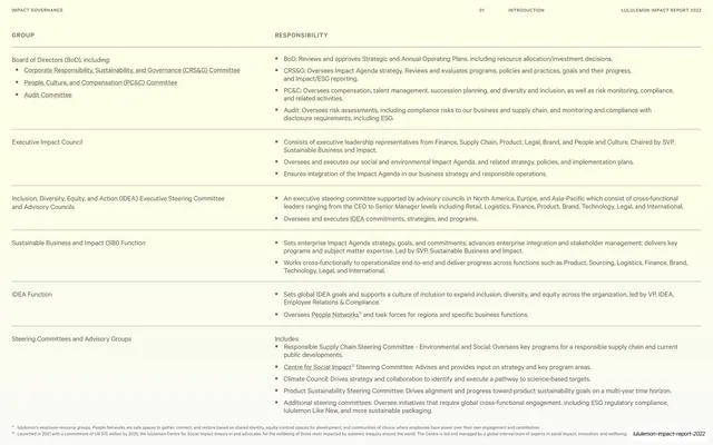 Governance groups and responsibilities table