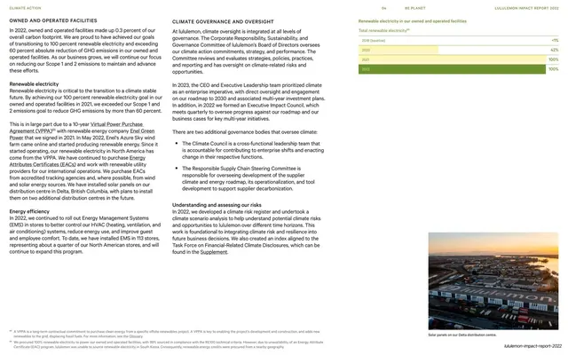 Owned facilities and climate governance, body copy with renewable-electricity bars