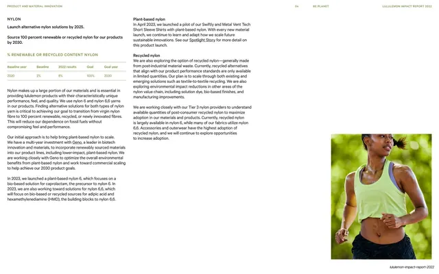 Nylon alternatives, text spread with runner photo