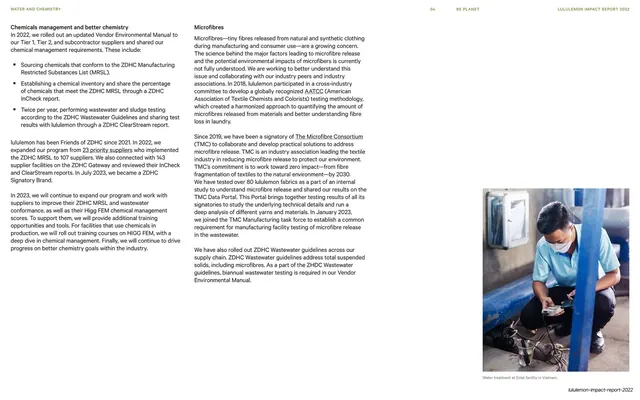 Chemicals management and microfibres, text spread with facility photo