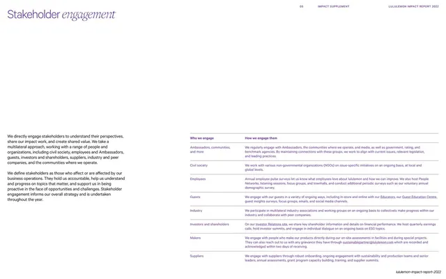 Stakeholder engagement, who-and-how two-column table