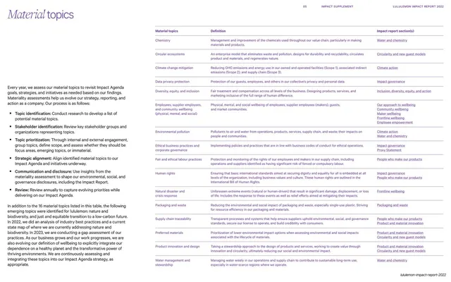 Material topics definitions table