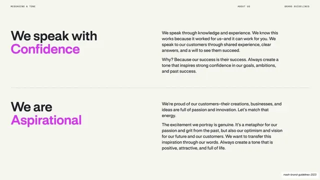 Messaging tone, confidence and aspiration, editorial, minimal, light