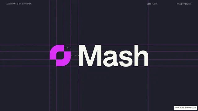 Mash logomark abbreviation construction, dark-mode, technical, dark