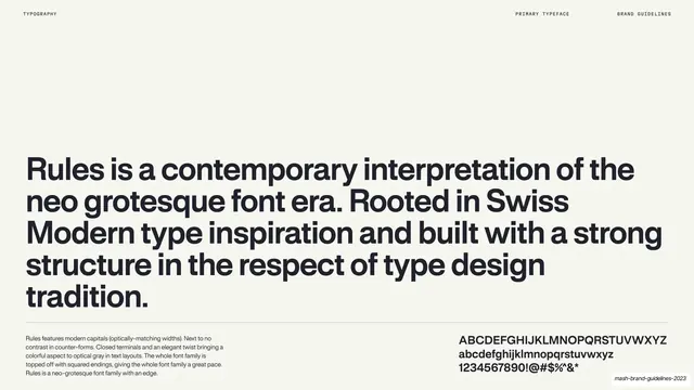 Mash Rules typeface character and rationale, light-mode, swiss, light