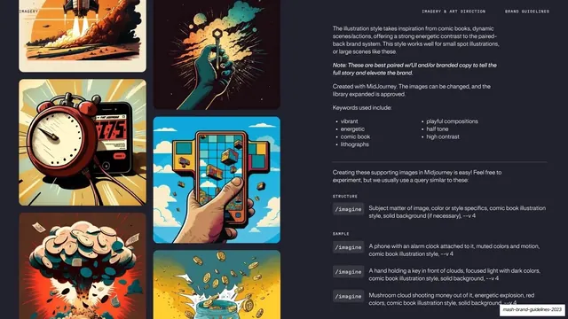 Illustration style direction with Midjourney prompts, dark-mode, editorial, dark