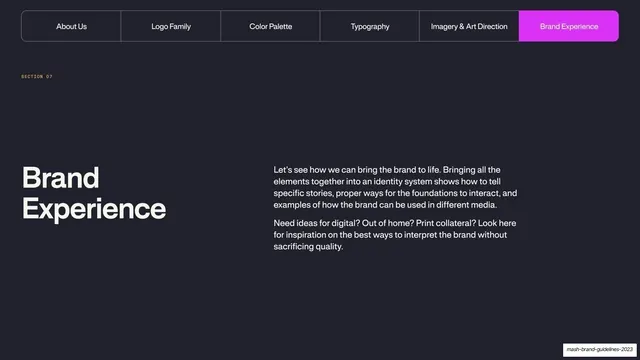 Brand Experience section divider, dark-mode, editorial, dark