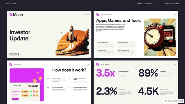 Mash deck slide templates, four presentation layouts, dark-mode, editorial, dark