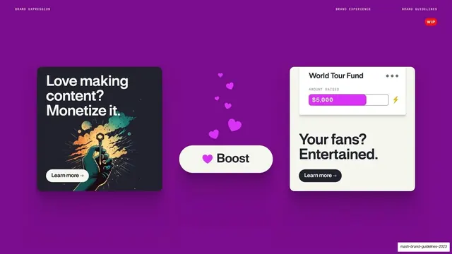 Mash brand expression, three magenta-field cards, dark-mode, maximalist, vibrant