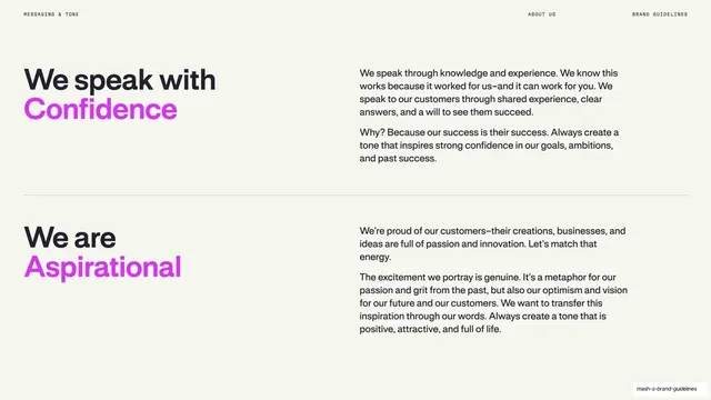 We speak with Confidence / We are Aspirational" tone pages