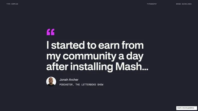Mash creator testimonial slide, dark-mode, minimal, dark