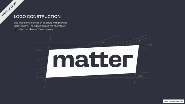Logo construction with skew angles, editorial, technical, dark