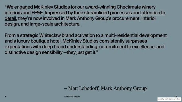 Mark Anthony Group testimonial slide, editorial, minimal, muted