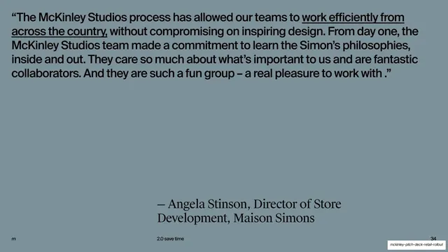 Maison Simons testimonial slide, editorial, minimal, muted