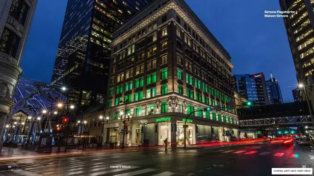 Simons Flagship exterior night photo, photographic, dark-mode, dark
