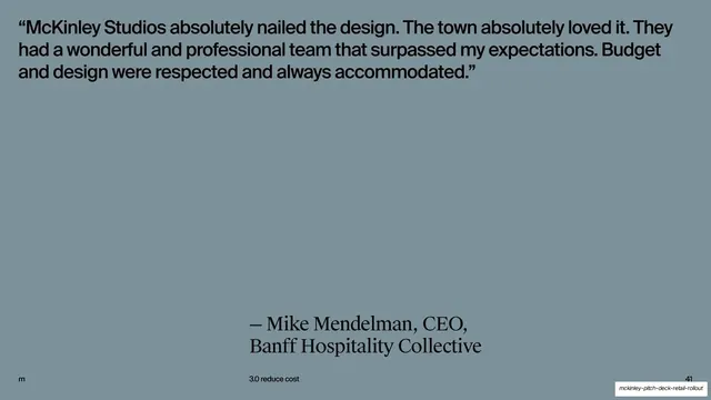 Banff Hospitality testimonial slide, editorial, minimal, muted
