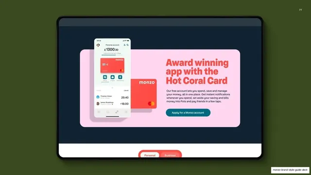 Monzo website scroll: Hot Coral Card feature band