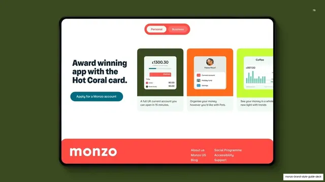 Monzo website scroll: account cards and coral footer