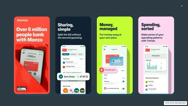 Monzo app store screens: four colored cards
