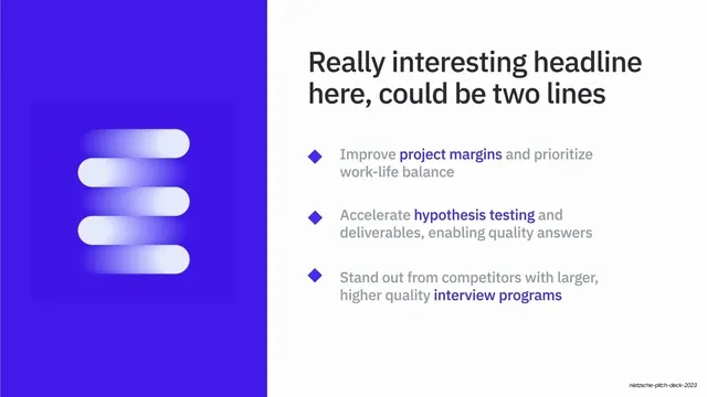 Benefits split slide with 3D mark (text right)