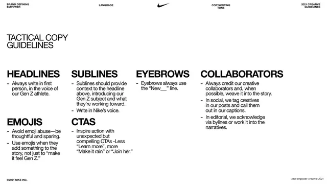 Tactical copy guidelines four-column list