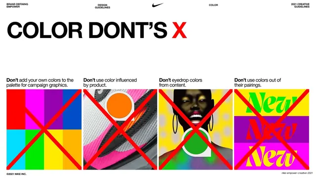 Nike Empower color don'ts with red X overlays