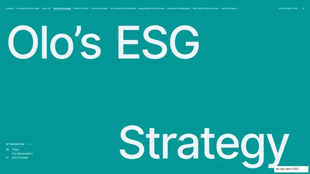 Olo's ESG Strategy divider, editorial, minimal, vibrant