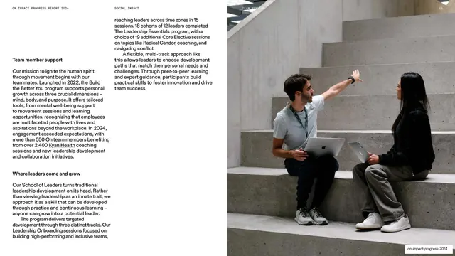 Team member support photo-and-text spread, photographic, editorial, light