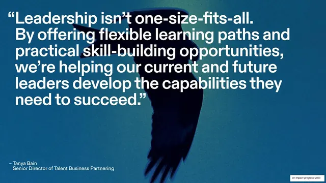 Leadership pull-quote over teal bird photo