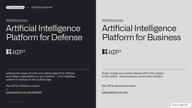 AIP for Defense and for Business split, minimal, corporate-clean, dark