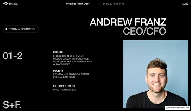 Andrew Franz founder bio, dark-mode, minimal, dark