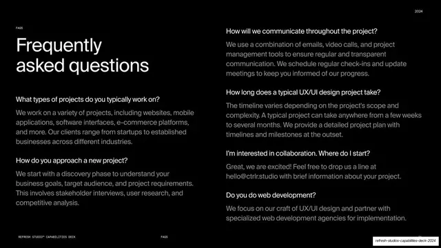 FAQs page - questions continued, minimal, dark-mode, dark