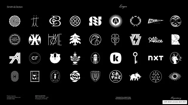 Logos identity portfolio wall, editorial, minimal, dark