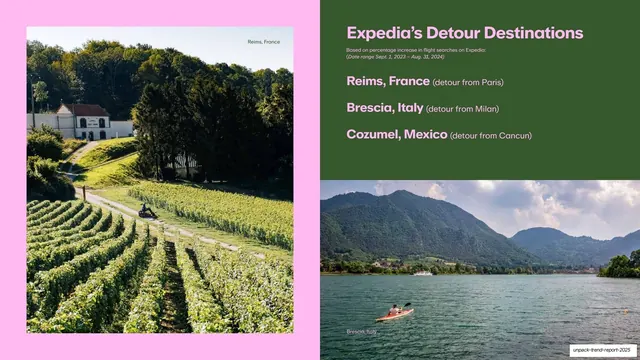 Detour Destinations list (Reims, Brescia, Cozumel), editorial, photographic, vibrant