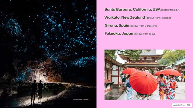 Detour Destinations list (Santa Barbara, Waikato, Girona, Fukuoka), editorial, photographic, vibrant