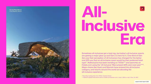 All-Inclusive Era picks (color-blocked resort list), editorial, photographic, vibrant