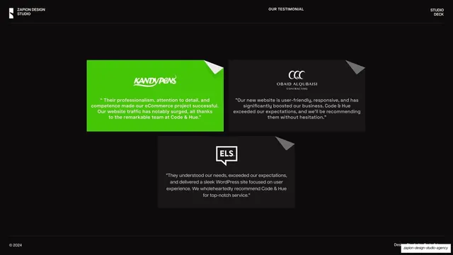Client testimonials (three cards)